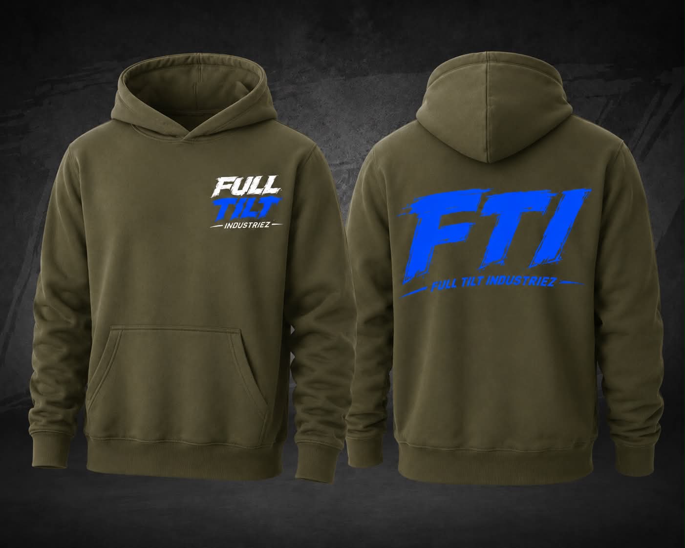 Adult Unisex Hoodie-Olive Green With Blue Design